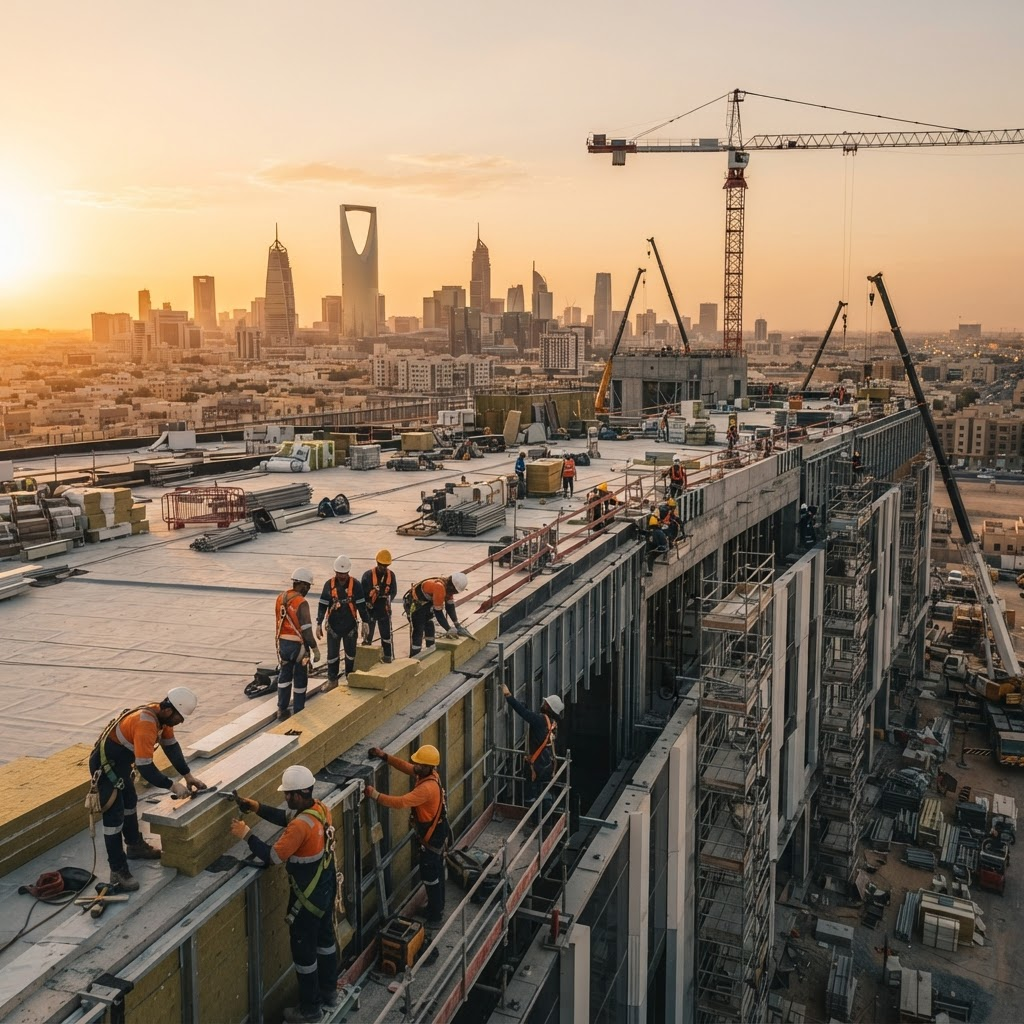 فريق شركة أركان صرح الريادة أثناء تنفيذ مشروع مقاولات وعزل لمبنى حديث في الرياض