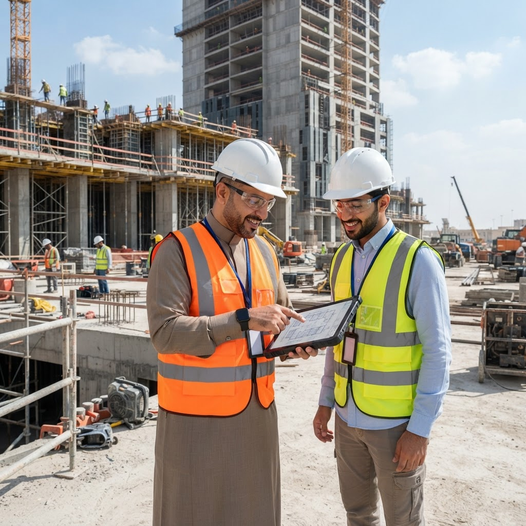 مهندسو شركة أركان صرح الريادة يراجعون مخططات مشروع في موقع البناء