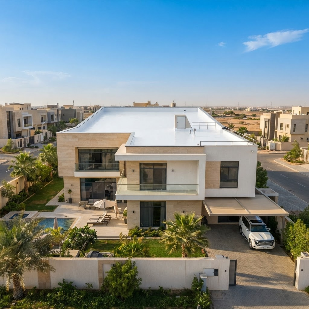 فيلا حديثة في الرياض بعد الانتهاء من أعمال العزل الحراري والمائي للسطح