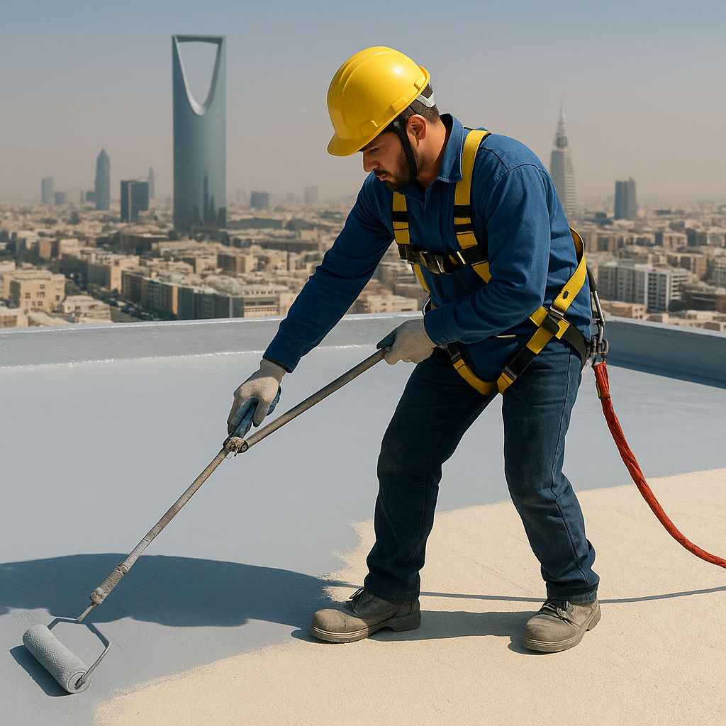 فني يضع طلاءًا إيلاستومريًا واقيًا فوق طبقة الفوم على السطح مع أفق مدينة الرياض بالخلفية